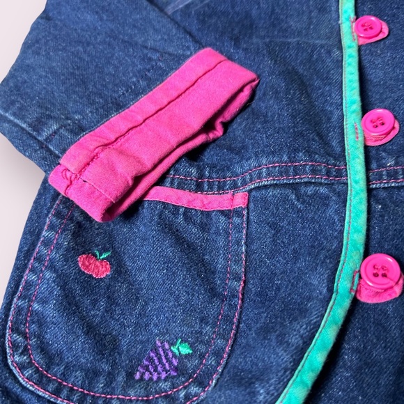 Vintage Baby All Mine Denim Blazer Overall Set Flower Fruit Pink Teal Sz 12 M - Picture 9 of 16